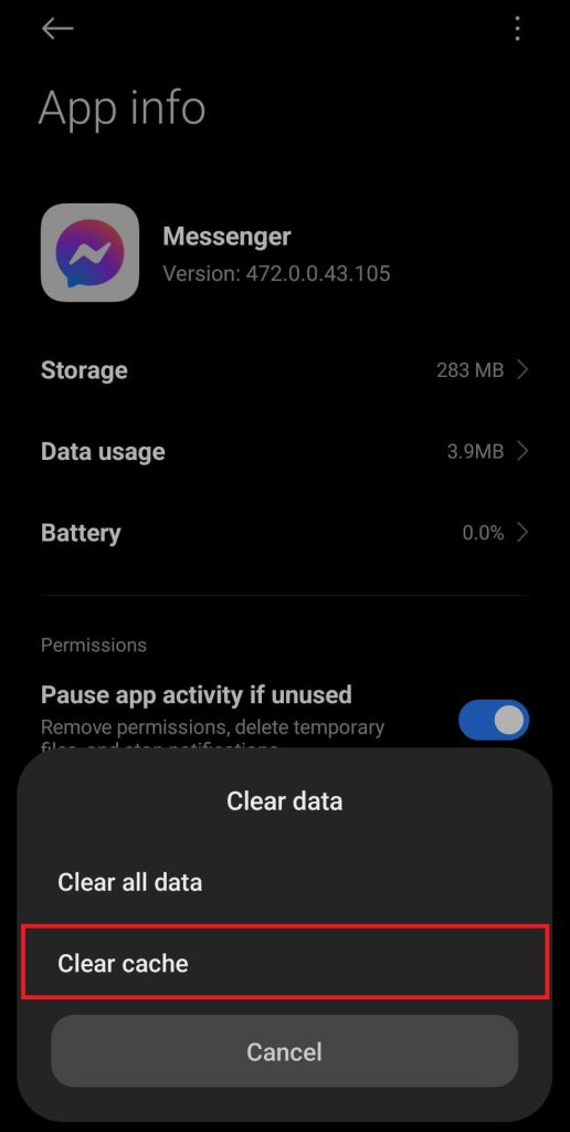 Click Clear cache to clear the Messenger app cache