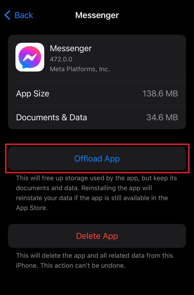 Tap Offload App to clear the Messenger app cache