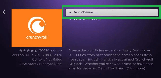 Tap Add Channel to get Crunchyroll on Hisense Roku TV