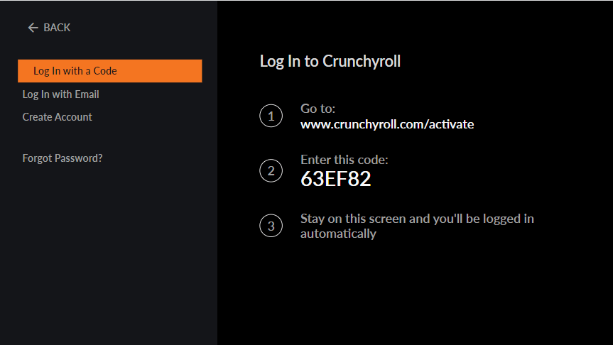 Crunchyroll on Samsung TV - Choose a Sign In option