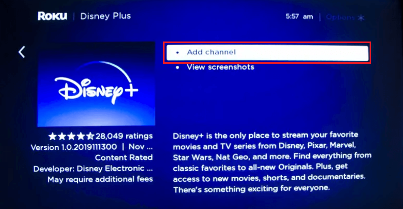 Click Add Channel to install Disney Plus on JVC Roku TV