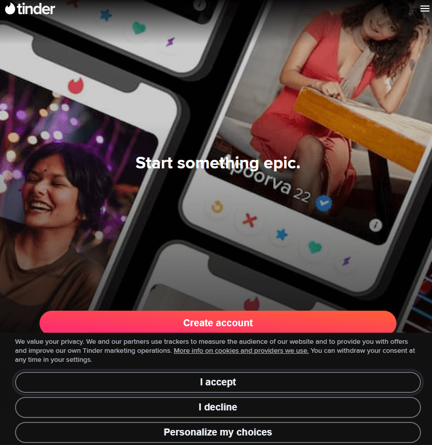 Dark Mode on Tinder Website