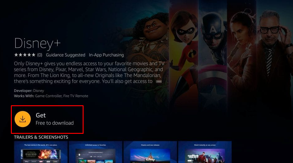 Click Get to install Disney Plus on Panasonic TV