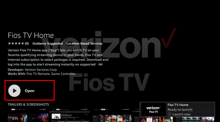 Click Open to launch the Fios TV app