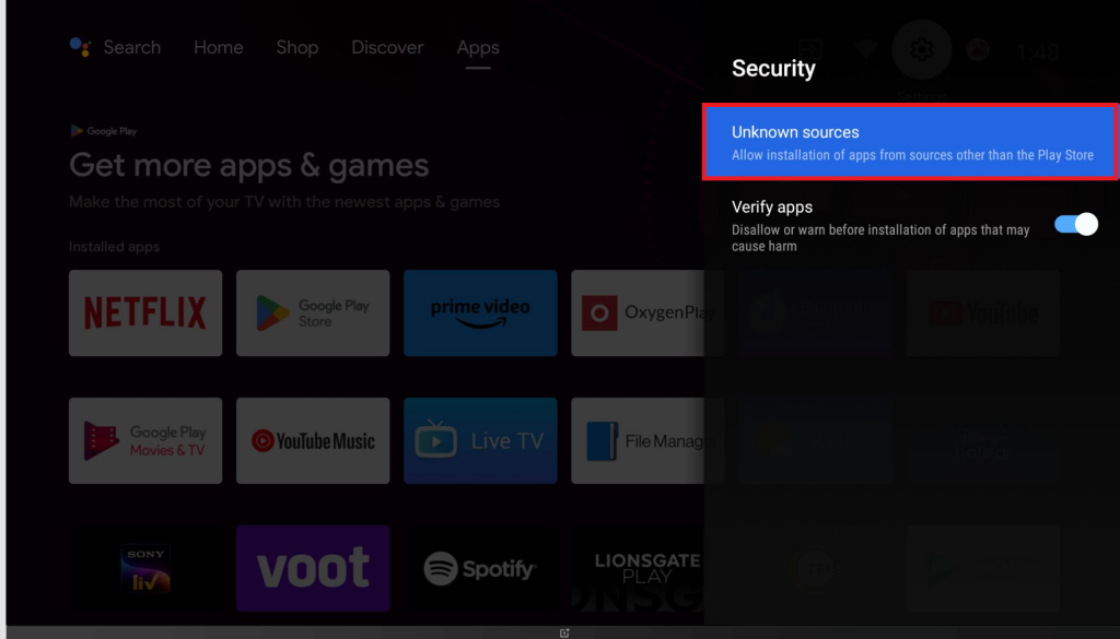 Enable the Unknown Sources feature for the Downloader for TV app